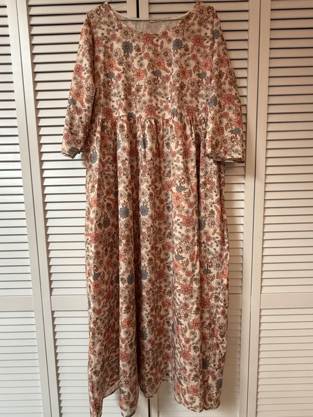 Floral Boho Midi Dress in Cream with Pink & Blue Flowers